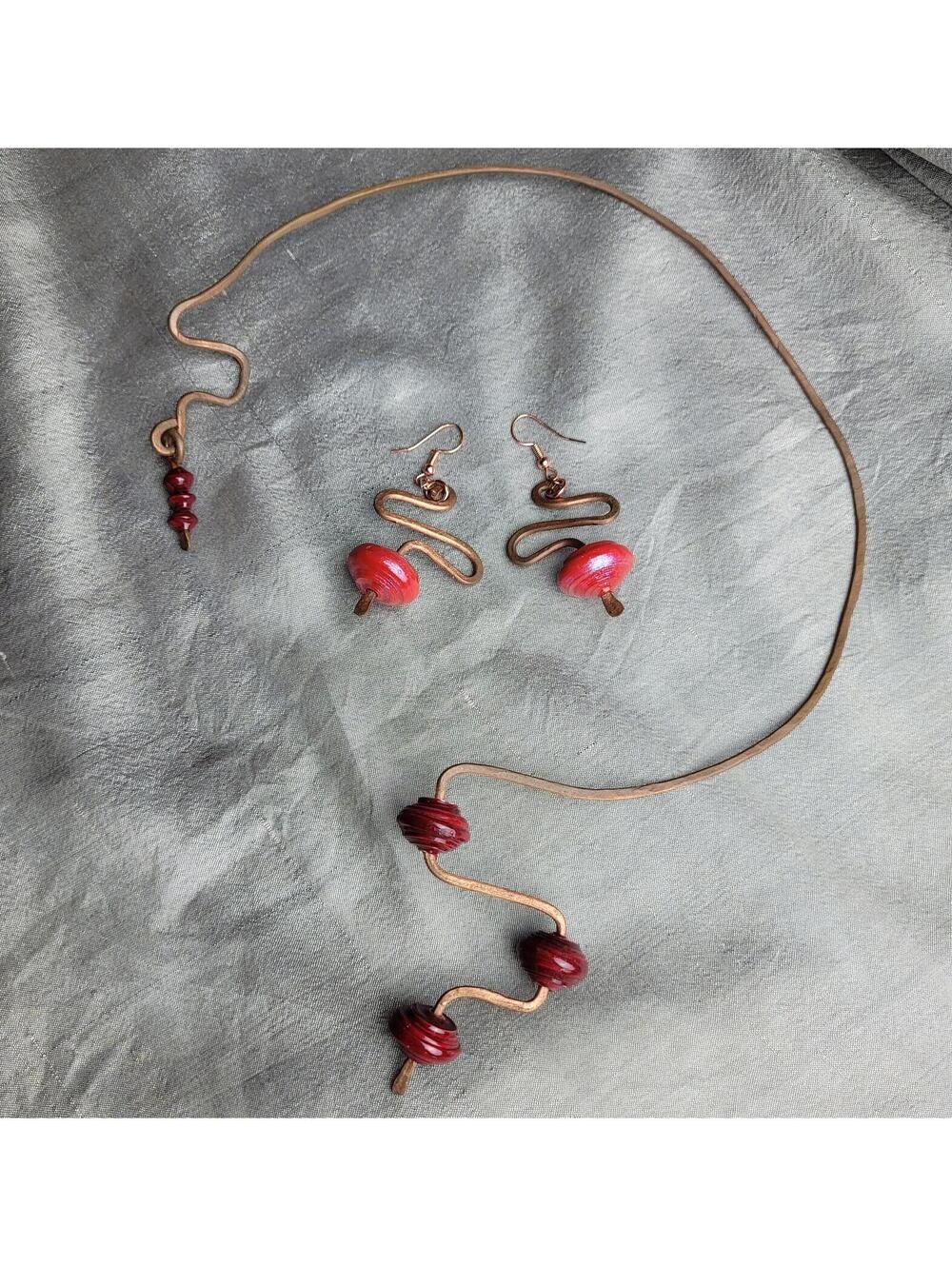 Eclectic Artistry ⁵Copper and Red Beaded Necklace with Matching Earrings Set
